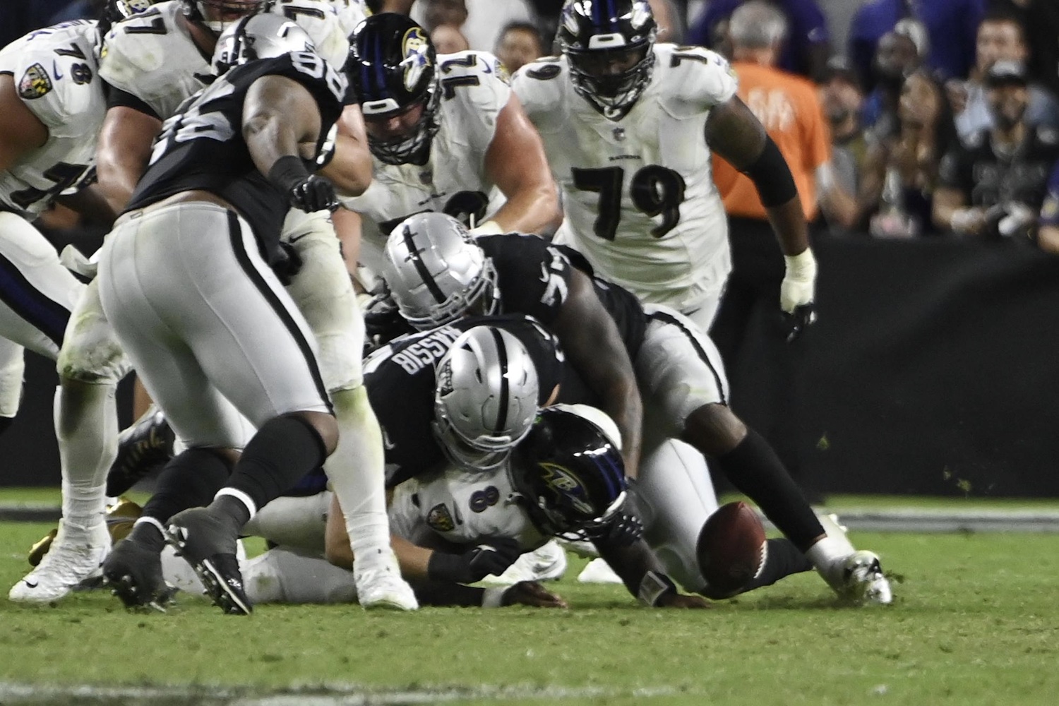 The Raiders' Carl Nassib forced a fumble in overtime on Monday Night Football, a moment Russell called “historic.” Photo: David Becker via Associated Press Photo