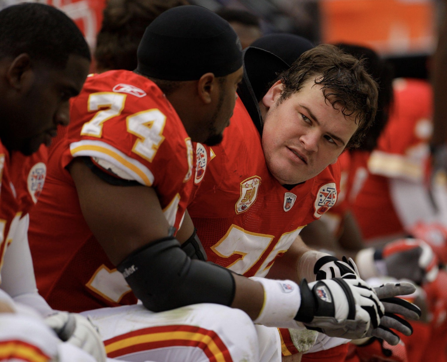  Kansas City Chiefs guard Ryan O'Callaghan, right, sits on the bench with teammates during the third quarter of an NFL football game against the Pittsburgh Steelers Sunday, Nov. 22, 2009 in Kansas City, Mo. Photo: Charlie Riedel via the Associated Press