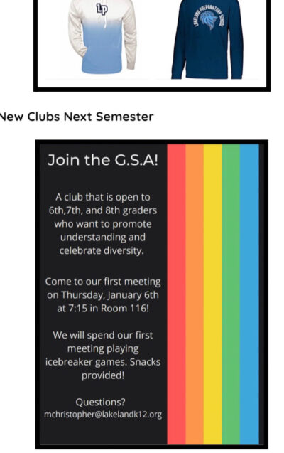 Announcement for the Lakelend GSA. it has text and a rainbow, no other images.