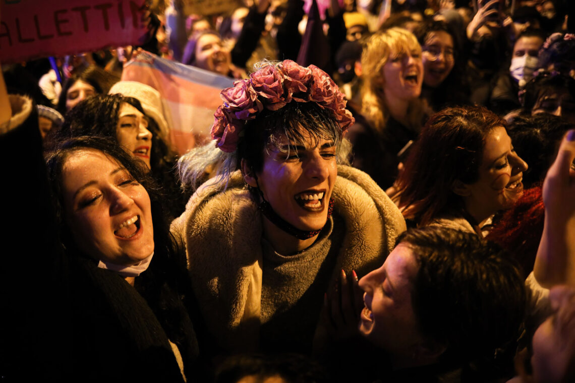 ANKARA, TURKEY - 2022/03/08: A transgender protester shouts slogans during the demonstration. Female demonstrators took to the streets of Ankara Sakarya on the occasion of the International Women's Day. (Photo by Tunahan Turhan/SOPA Images/LightRocket via Getty Images)