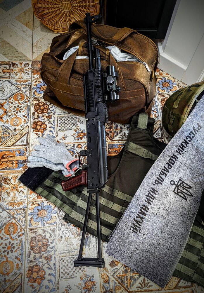 3/19/22: A Ukrainian security service member's equipment on the floor of an apartment in Lviv. 