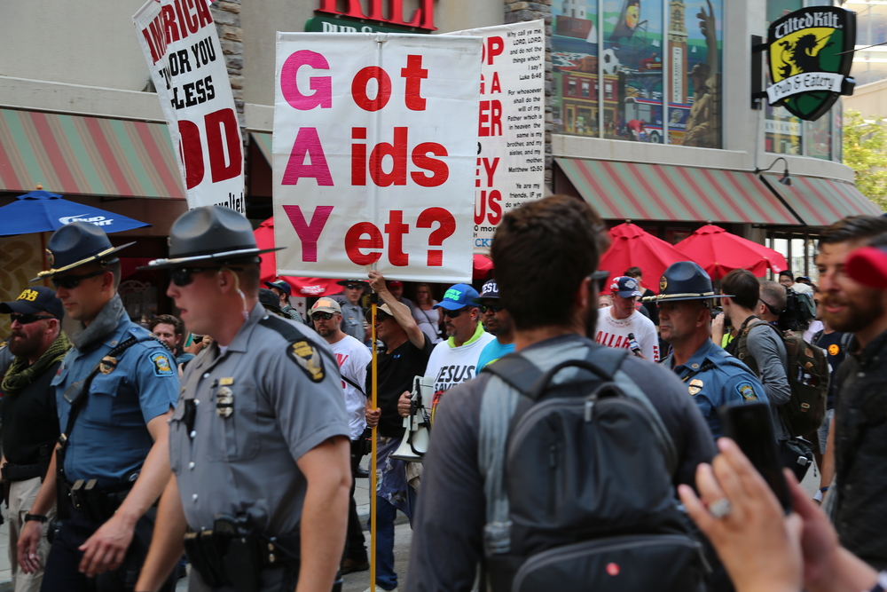 Anti-gay protestors march at the July 20, 2016 Republican National Convention in Cleveland, Ohio.