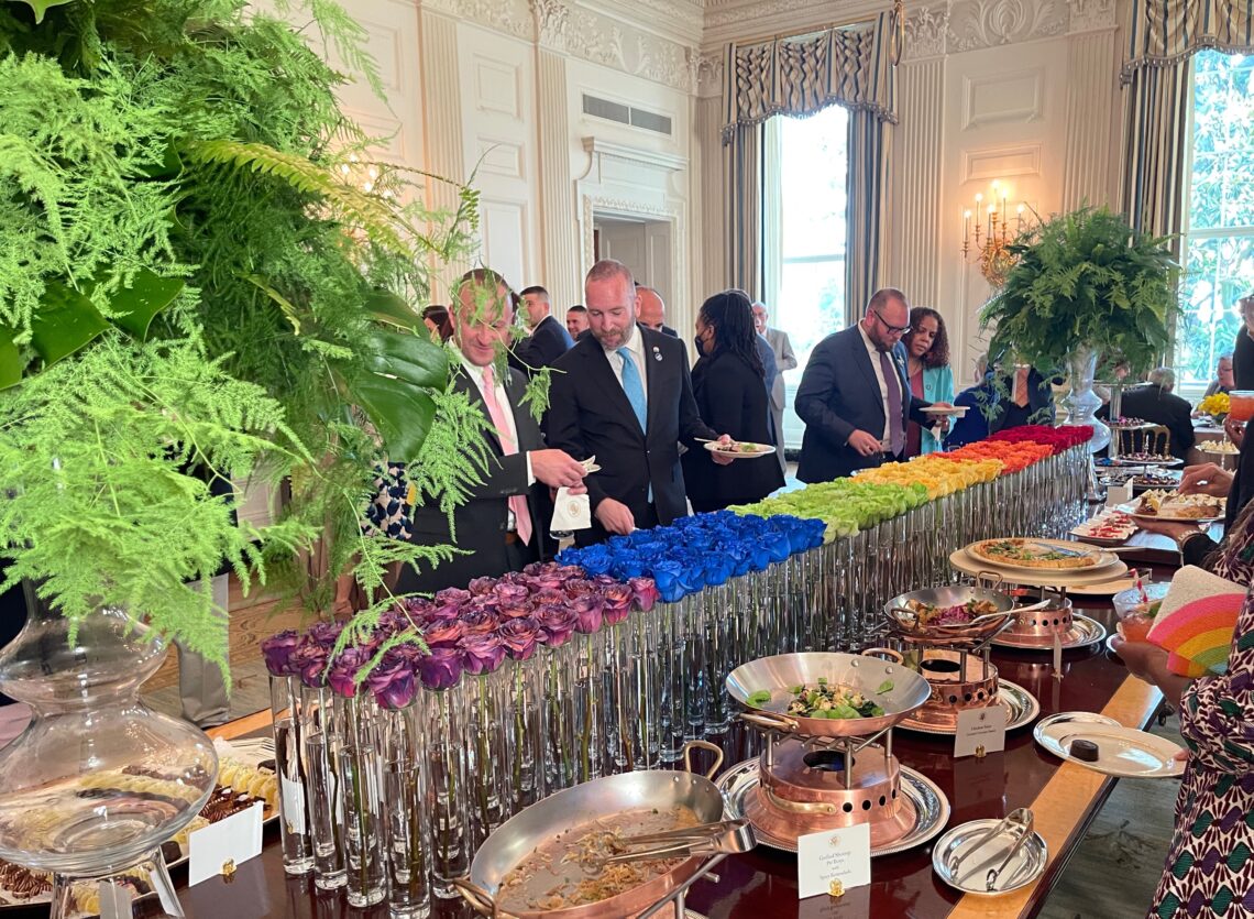 Guests enjoy food and drink at the 20200 White House Pride reception