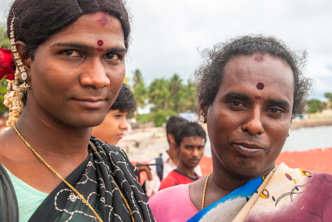 Rameswaram, Tamil Nadu, India. November 19, 2010. Two unidentified Indian transgender women (hijras) on the street.