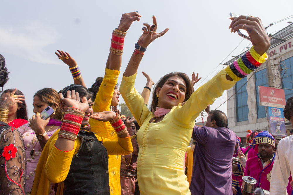 Ambala, Haryana, India: February 21 2021: Transgender people dance and celebrate during a transgender procession.