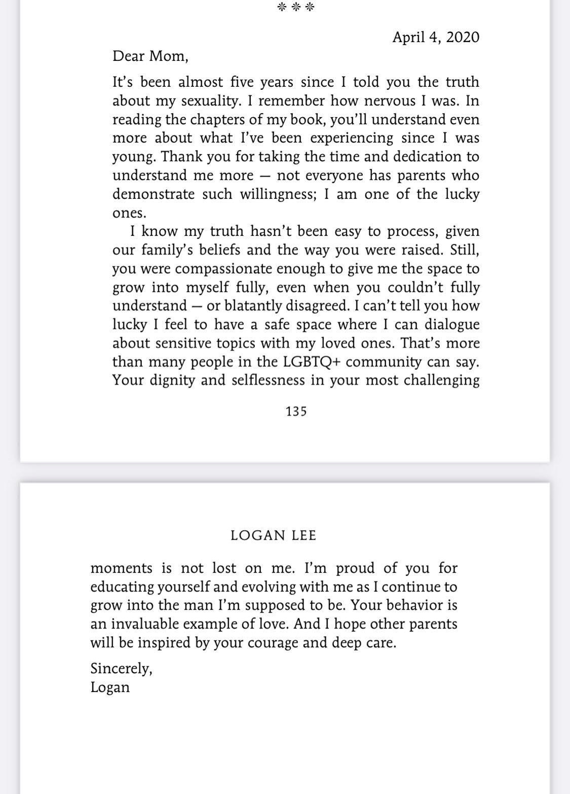 One of the letters Logan exchanges with his mom, this one in 2020, from his book, Small-Town Gay. Reprinted with permission of Logan Lee