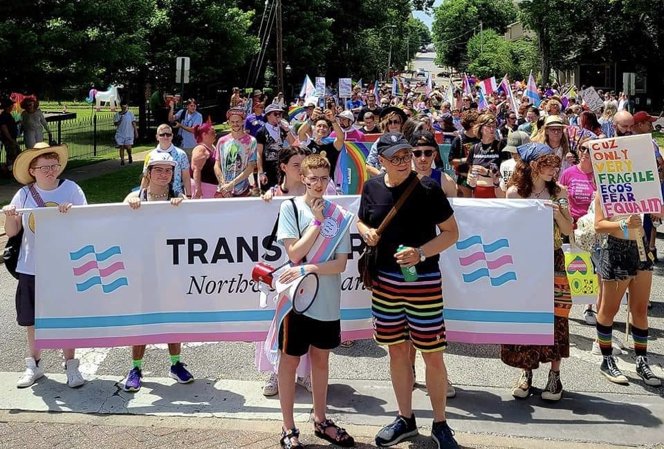 Phoenix May, left, with Fayetteville city council member Mark Kinion at the Northwest Arkansas Pride Trans March on June 18, 2022. Photo by Danielle May