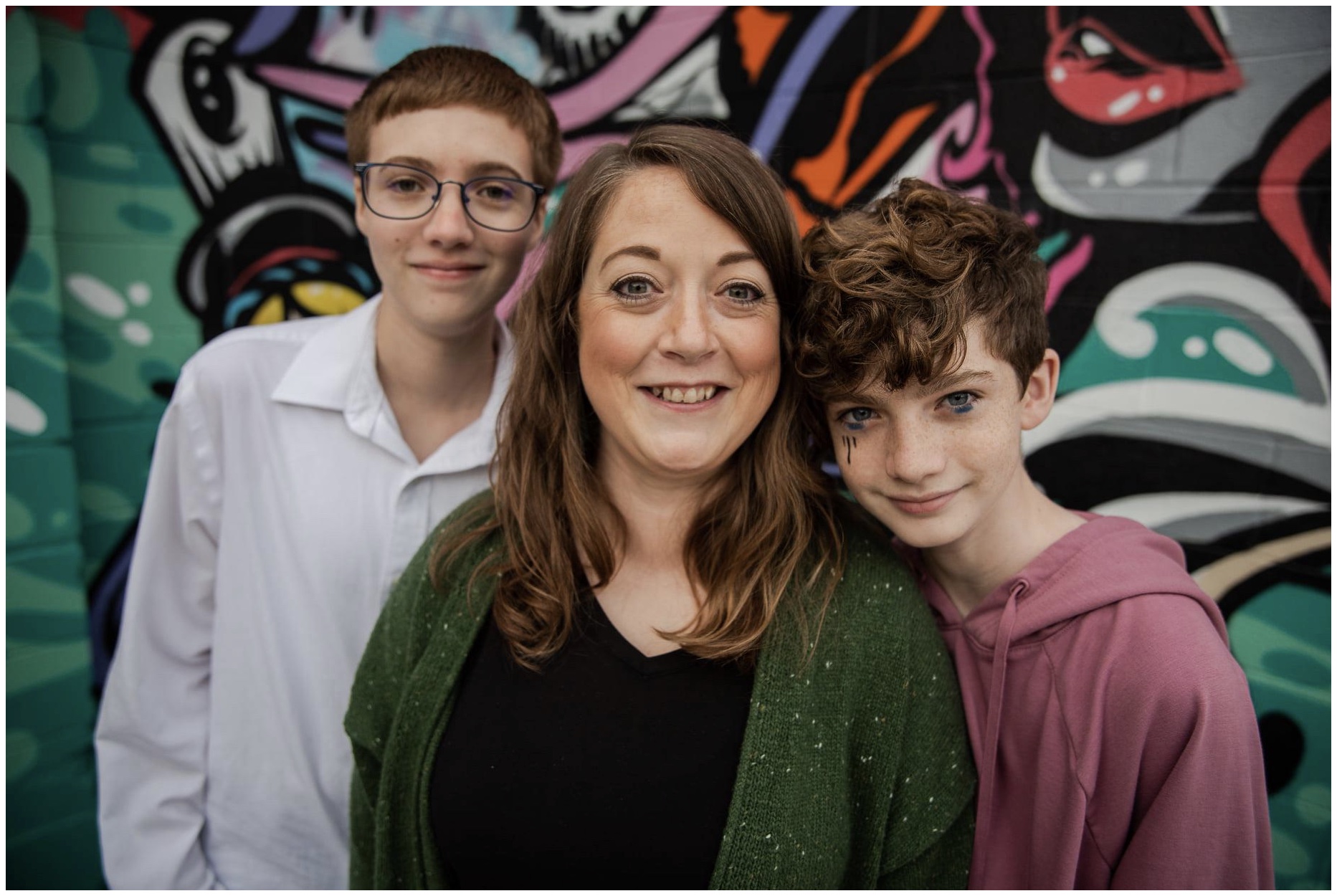 Phoenix May, left, 15, mother Danielle May, and brother Hunter Ray, 12, in Fayetteville, Arkansas in 2021. Photo by Lauren Rae