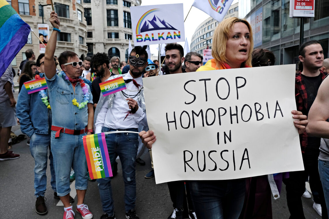 Participants march during the Belgian Gay Pride parade in Brussels Belgium on May 20, 2017