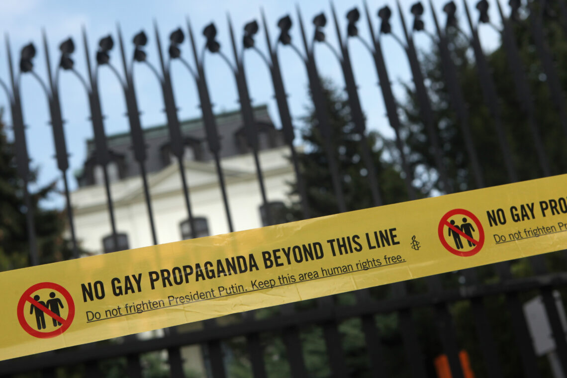 SEPTEMBER 8, 2013: No gay propaganda beyond this line. Banner against the Russian anti gay laws in front of the Russian Embassy in Prague, Czech Republic.