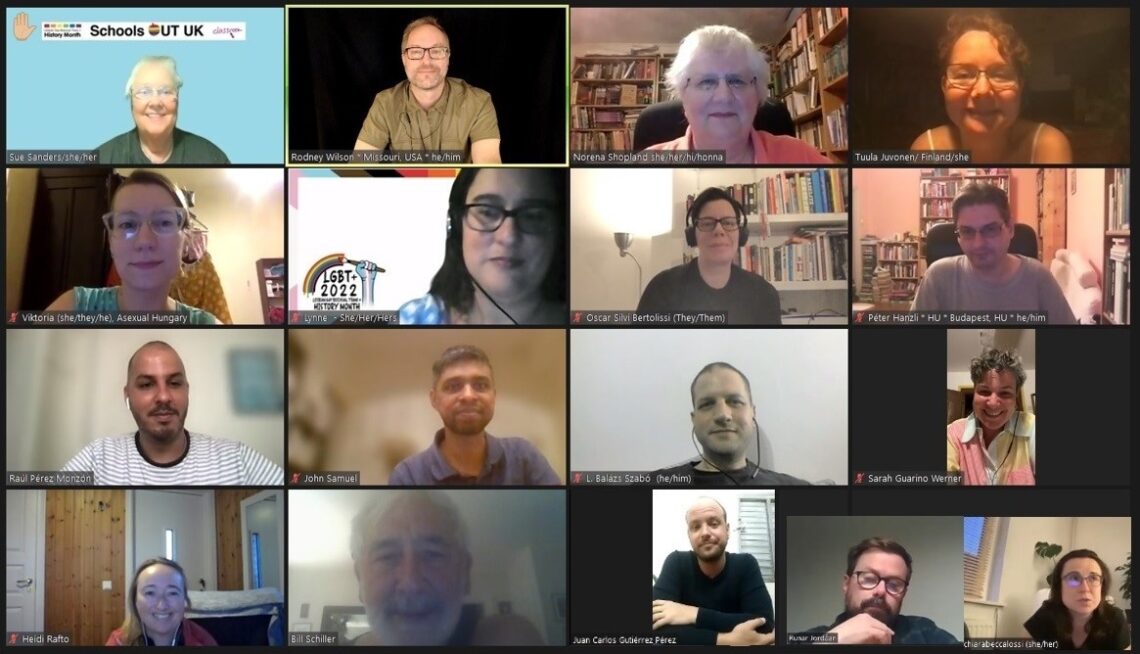 The third quarterly meeting of the International Committee on LGBTQ+ History Month, July 2022, with (top to bottom, left to right): Sue Sanders (UK); Rodney Wilson (USA); Norena Shopland (Wales); Tuula Juvonen (Finland); Viktória Sulyok (Hungary); Lynne Nicholls (UK); Oscar Bertolissi (at-large); Péter Hanzli (Hungary); Raul Pérez Monzón (Cuba); John Samuel (France); L. Balász Szabó (at-large); Sarah Guarina Werner (Sweden); Heidi Rafto (Norway); Bill Schiller (Sweden); Juan Carlos Gutiérrez Pérez (Cuba); Runar Jordåen (Norway), and Chiara Beccalossi (Italy).