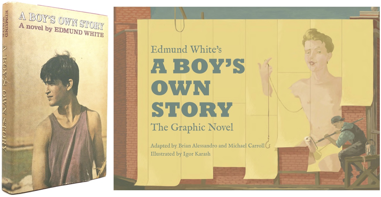 The original edition of Edmund White’s “A Boy’s Own Story,” left, and the cover of the new graphic novel. Cover art courtesy of Top Shelf Productions.