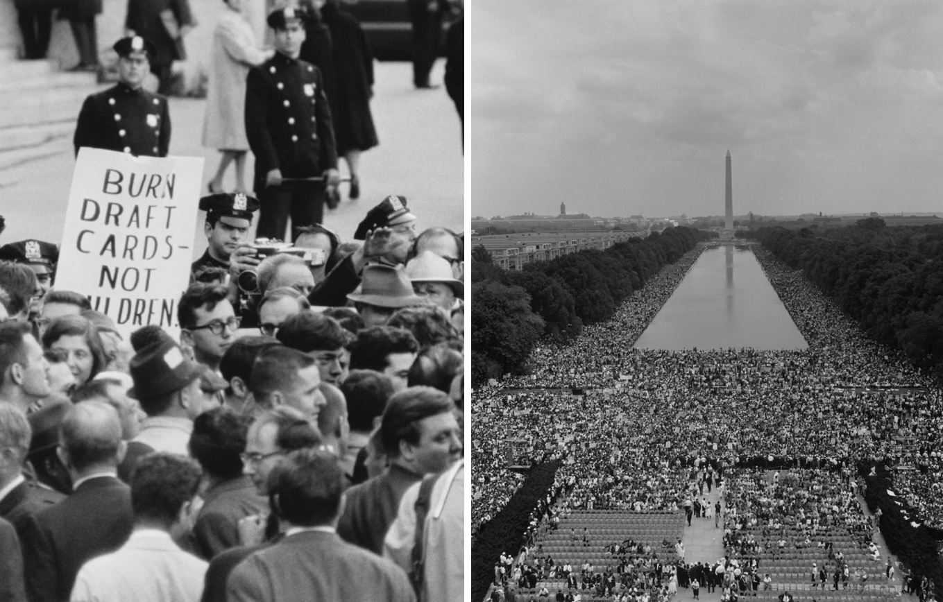 Vietnam War protests (photo by Bettmann Archive via Getty Images), left, and the Civil Rights Movement, such as the 1963 March on Washington, were predecessors to gay liberation.