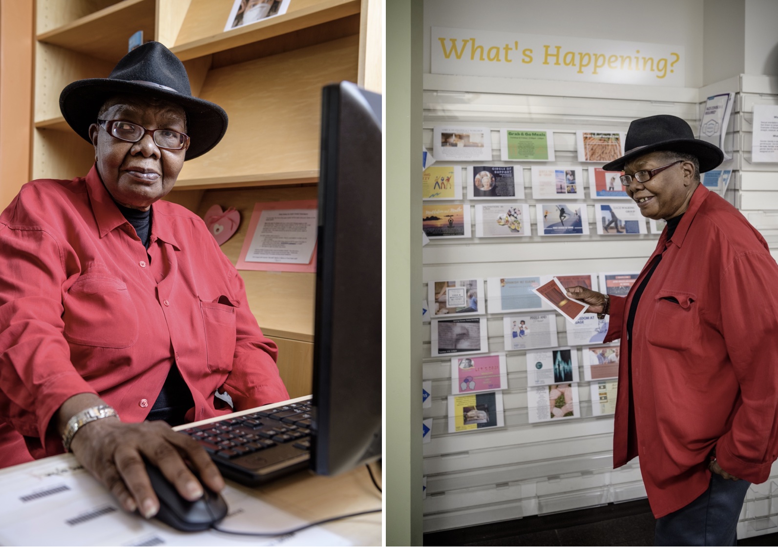 Lujira Cooper, left, at Manhattan’s Edie Windsor SAGE Center computer lab, where she’s written two novels; and right, holding a flyer for her book club. Photo by Neil Grabowsky/Through The Lens Studios for LGBTQ Nation.