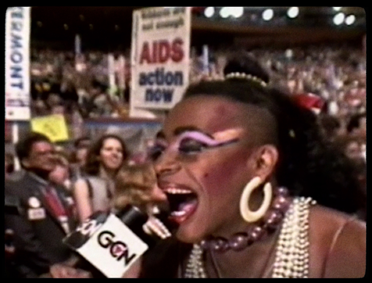 Joan Jett Blakk at the 1992 Democratic National Convention. Film still courtesy of Breakwater Studios, Hillman Grad Productions and LA Times Studio 