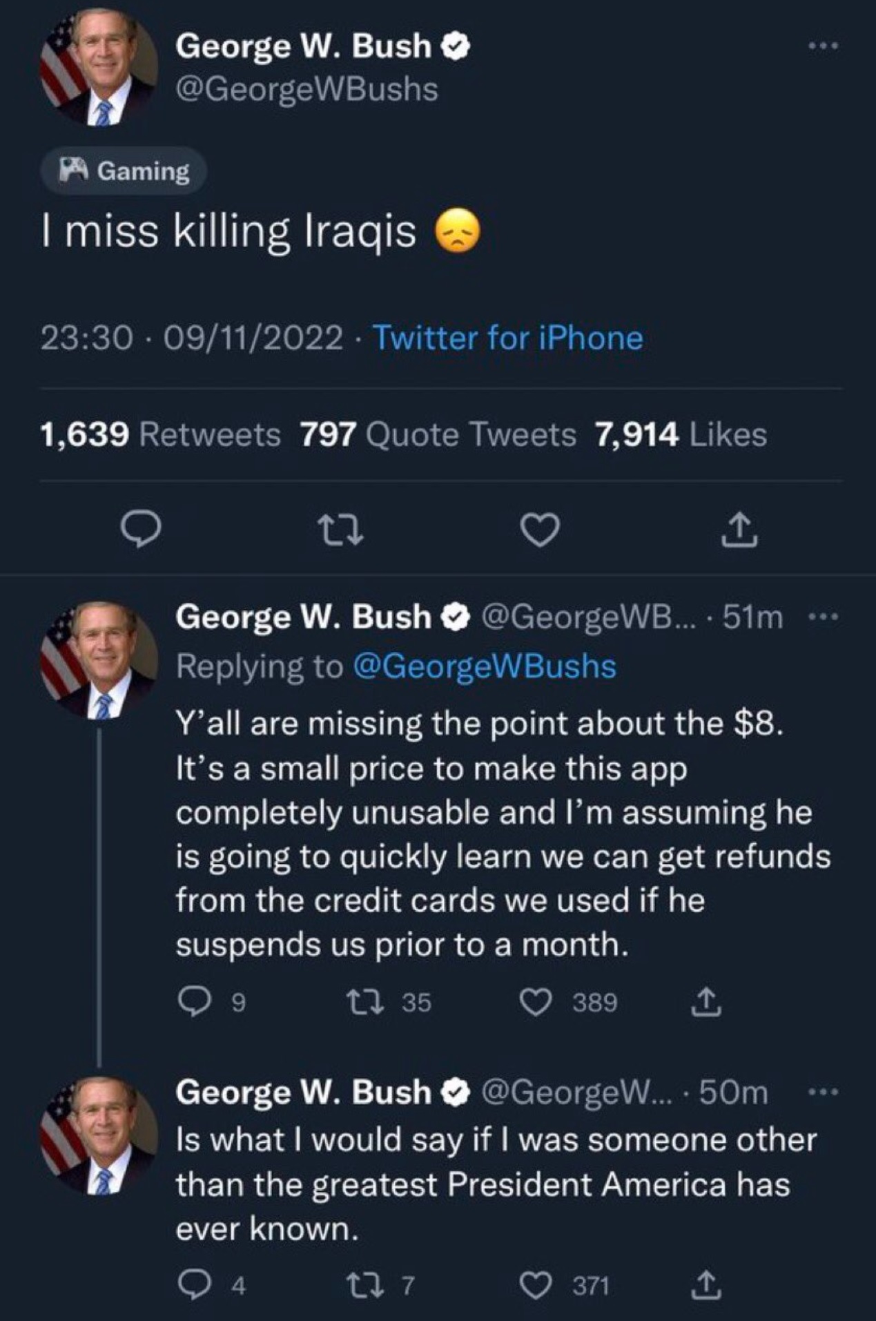 Someone impersonating George W. Bush on Twitter with a verification checkmark