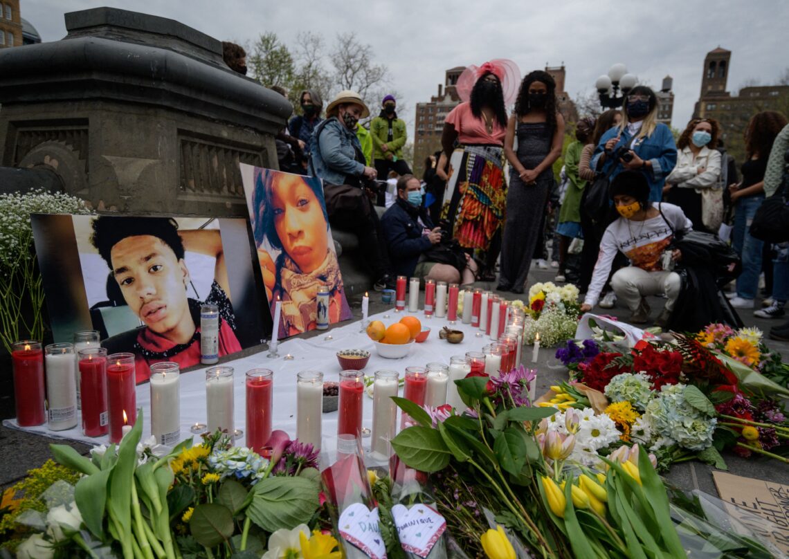 People attend a vigil for police shooting victims Daunte Wright and Dominique Lucious at Washington Square Park in New York City