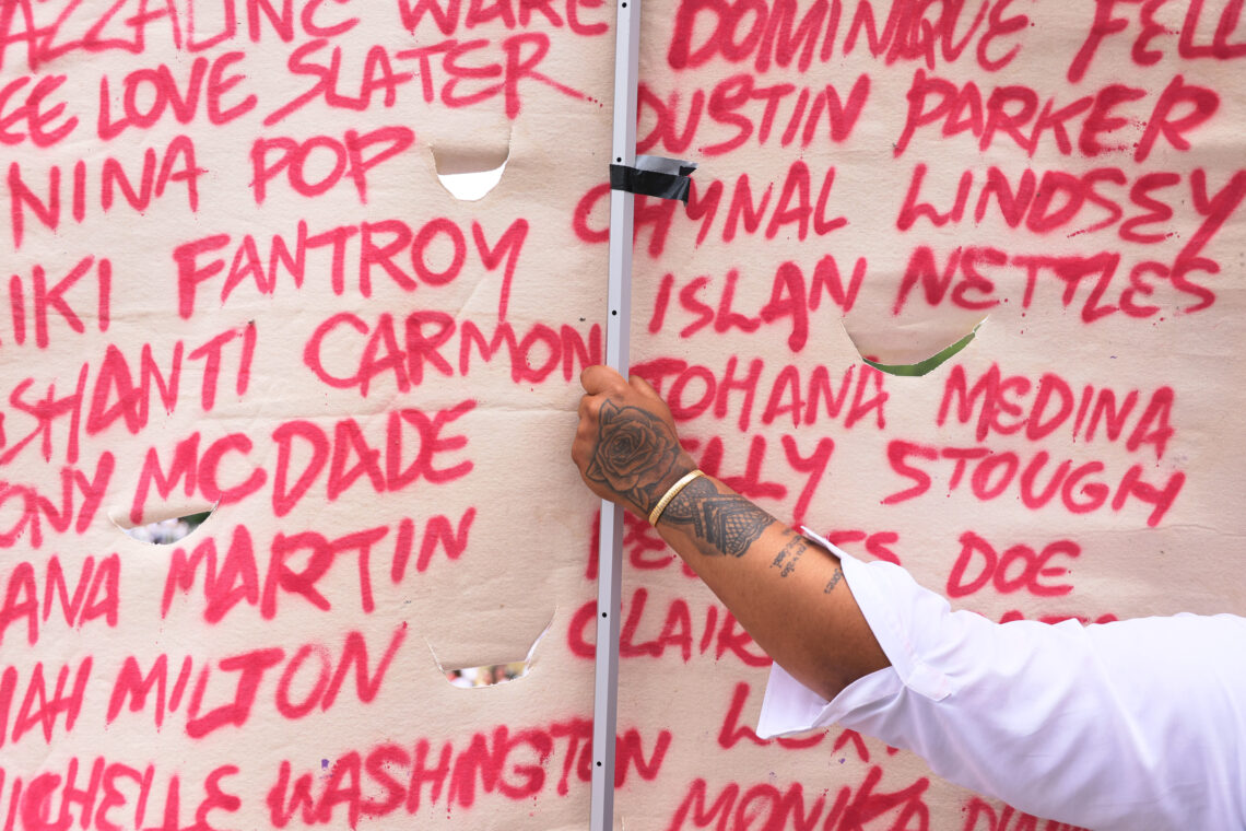  person holds a sign with the names of murdered transgender people during the Brooklyn Liberation's Protect Trans Youth event at the Brooklyn Museum on June 13, 2021 in the Brooklyn borough in New York City.