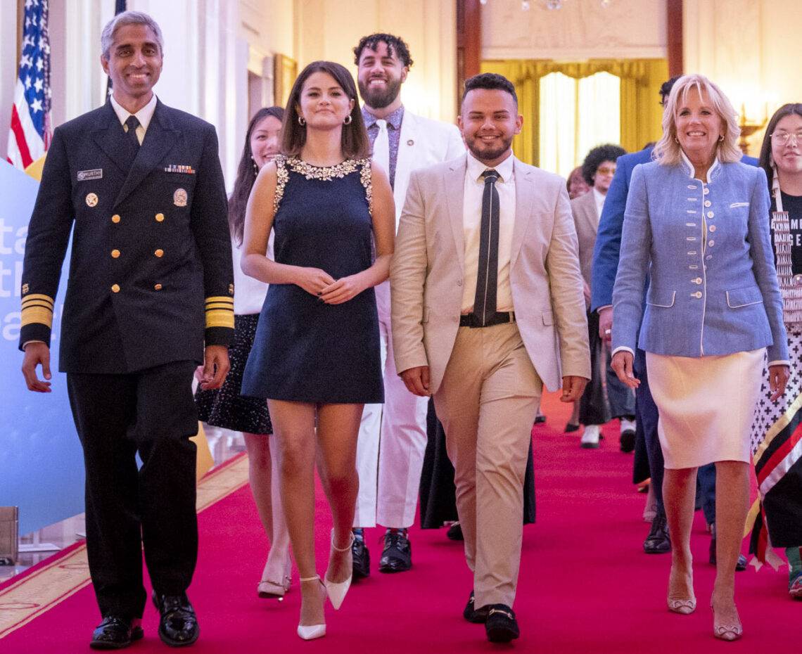 From left, Surgeon General Vivek Murthy, Selena Gomez, Juan Acosta, and Jill Biden at the White House’s Mental Health Youth Action Forum. 