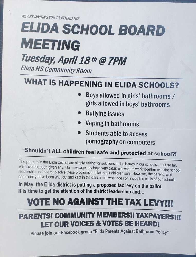 elida-school-board-meeting-flier, Elida Parents Against Bathroom Policy