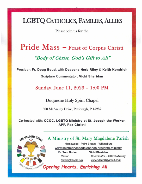 A flyer with a rainbow border billing the event as a "Pride Mass" 