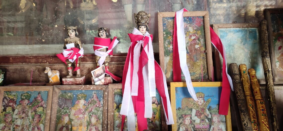 Nat images in a nat shrine located at the outer limits of Shwezigon Pagoda, an eleventh-century temple in Bagan in central Myanmar. It was here that the cult of the 37 nats, or toungze khunna min, was officially enshrined and made subordinate to Theravāda Buddhism in the eleventh century, making it an important part of Burmese religious practice. Photo by Soe Sandar Win 