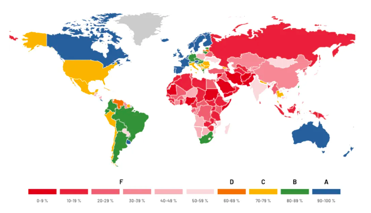 A world map showing the A-F scores of different countries on LGB rights.